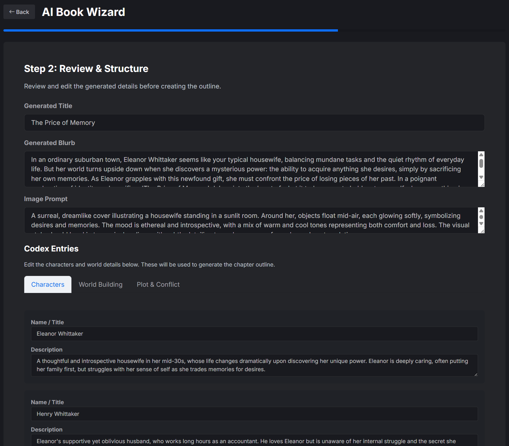 AI Book Wizard defining story structure, characters, locations, and world elements