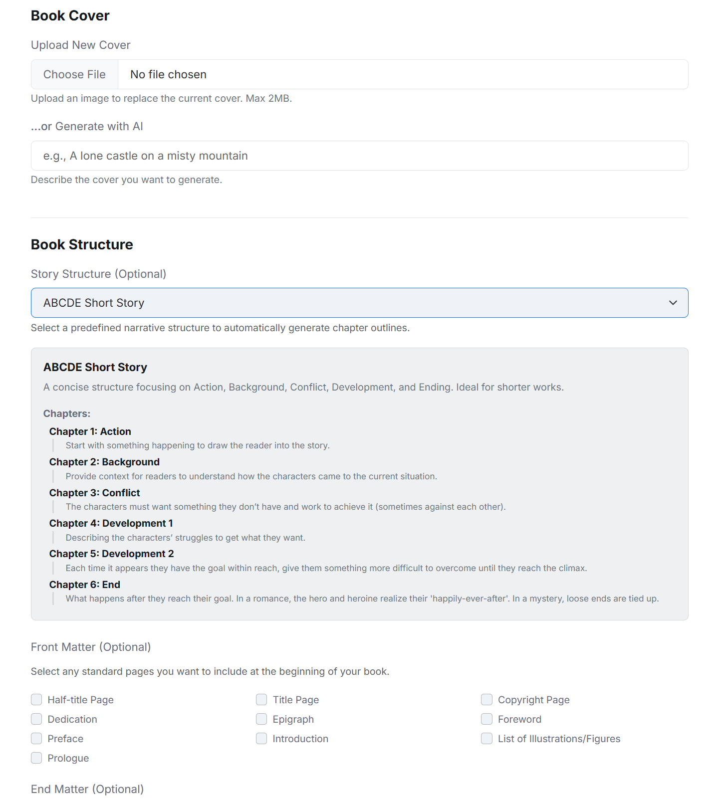 Book details and cover settings