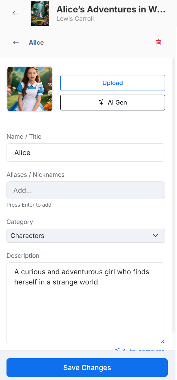 Character profile with image, aliases, description, and story details