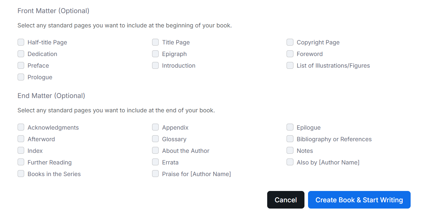 Create book screen with front matter and end matter options