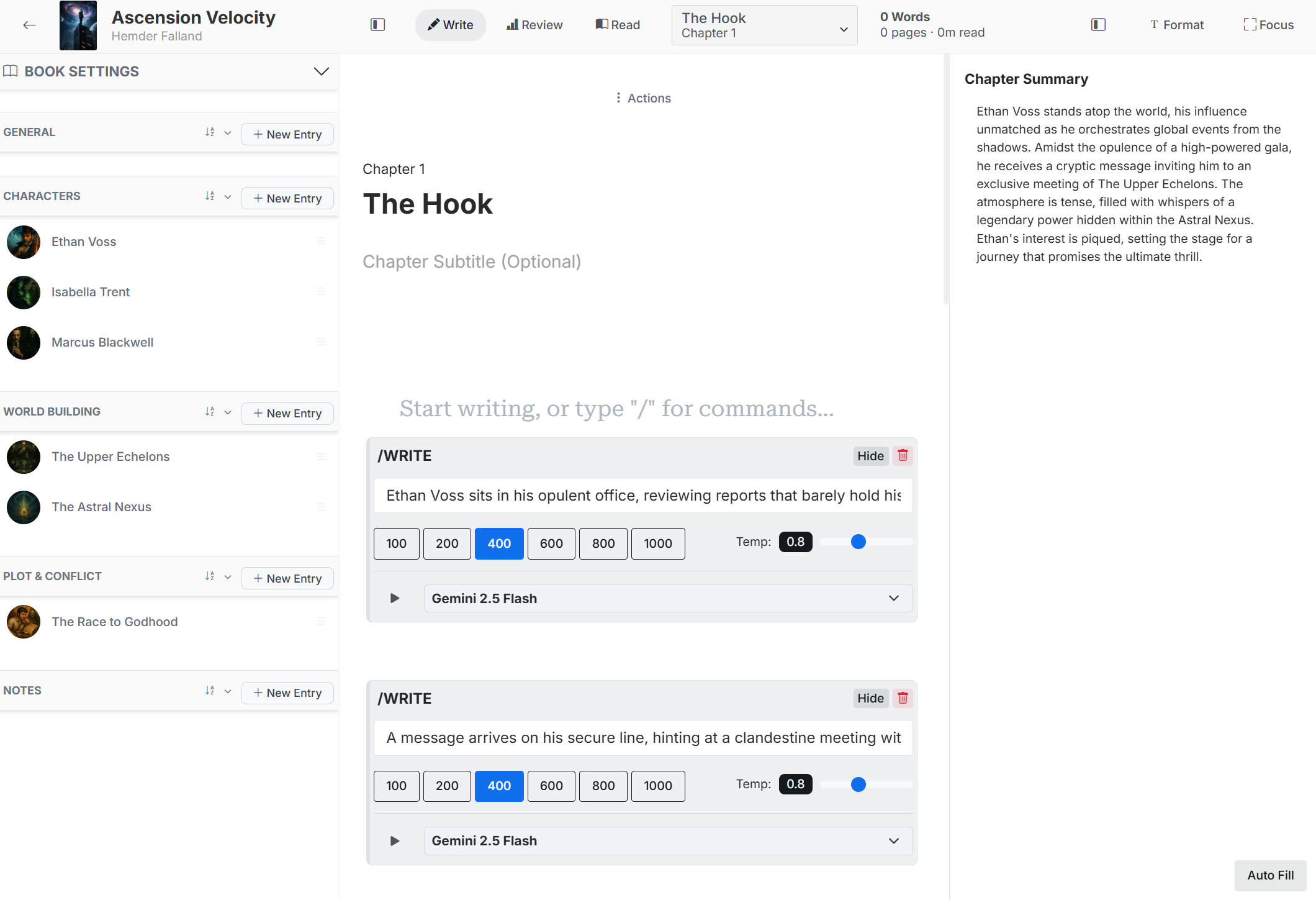 Editor with multiple AI writing requests and generated passages alongside the manuscript