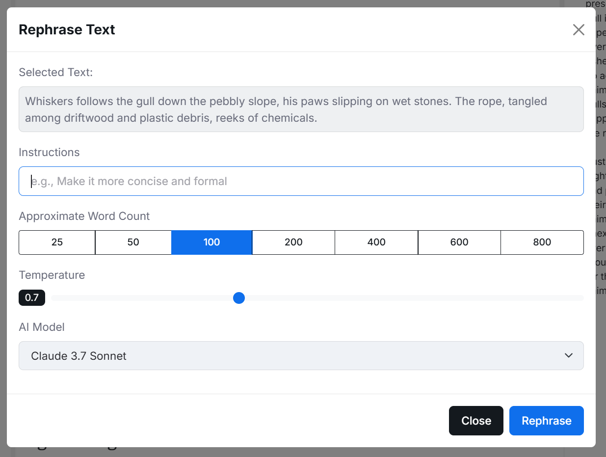 Rephrase Text dialog with custom instructions, word-count options, creativity setting, and AI model choice