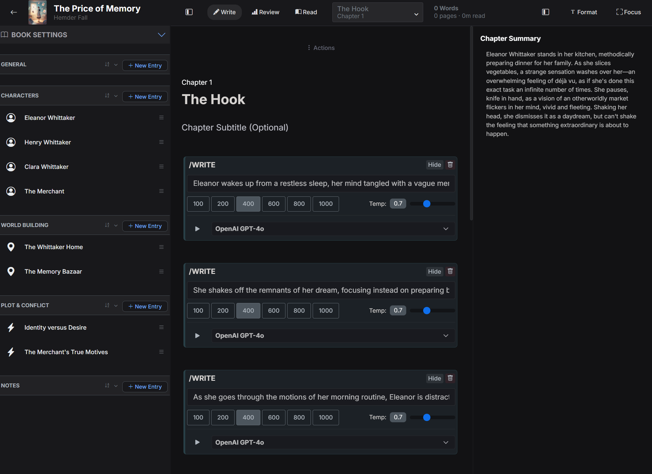 Dark editor showing scene beats, AI writing controls, manuscript prose, and chapter context