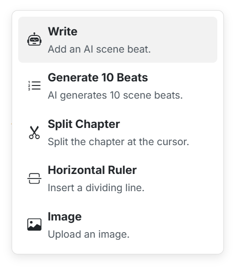 Editor slash command menu with writing and chapter actions