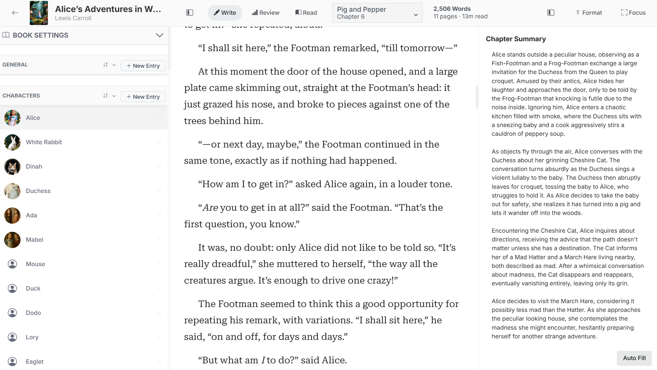 The FictionFusion writing editor with a chapter open and story codex in the sidebar
