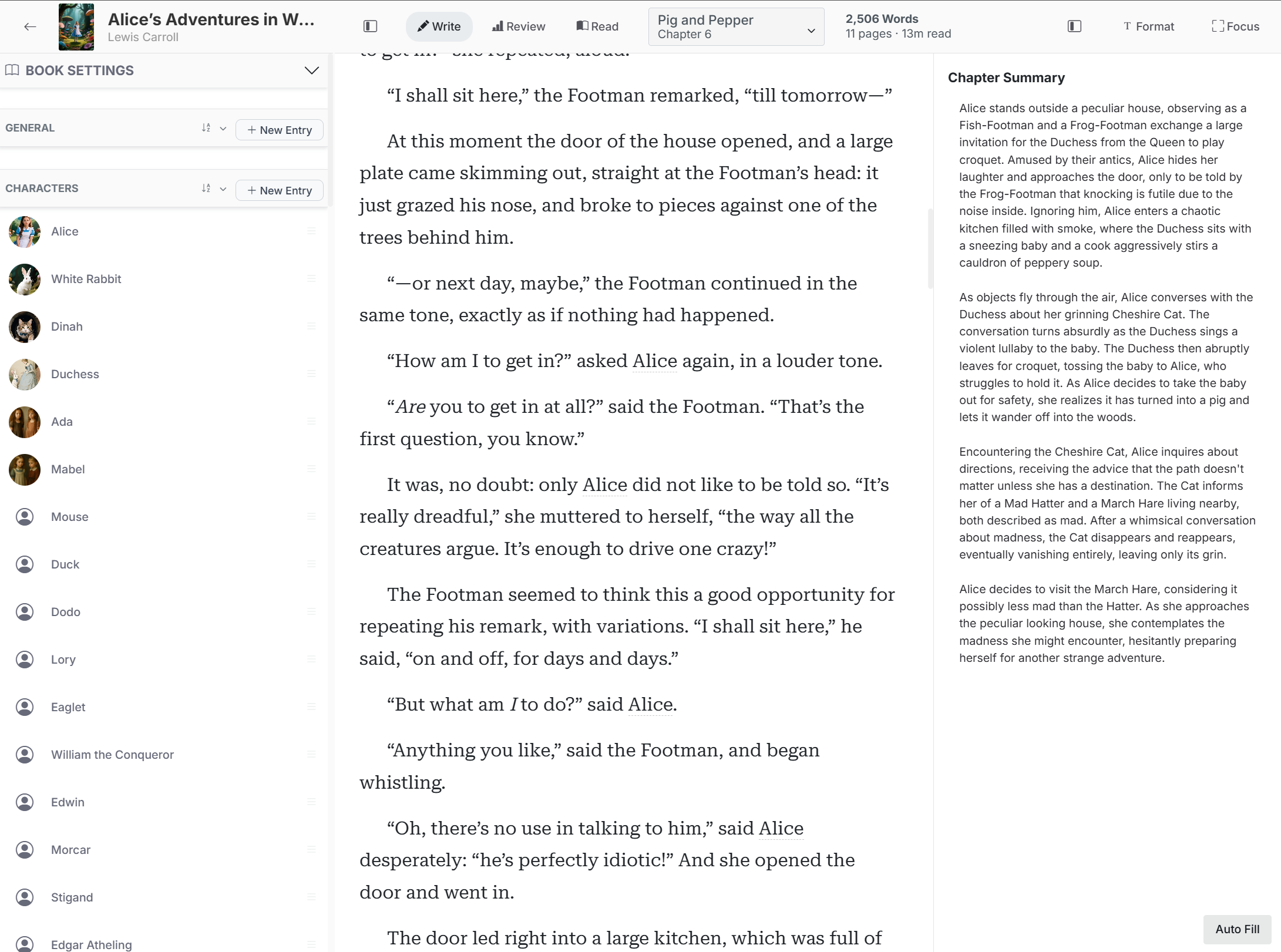 FictionFusion manuscript editor with chapters, prose, story details, and codex entries visible together