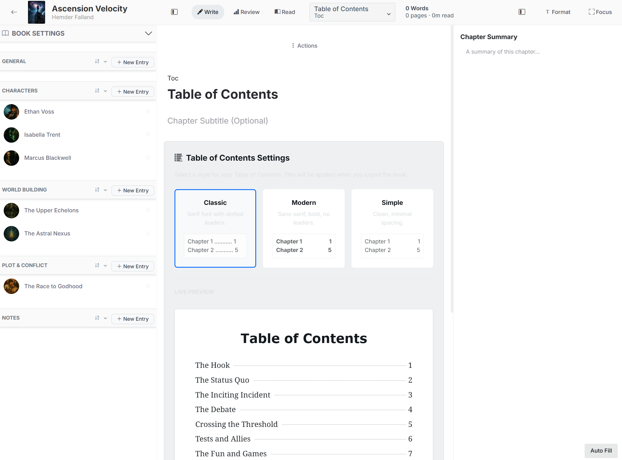 Table of contents editor with selectable visual styles and live preview